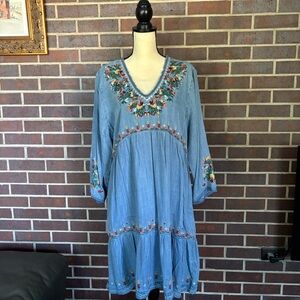 Reba Chambray Boho Embroidered Denim Tiered Dress Sz XL Like New